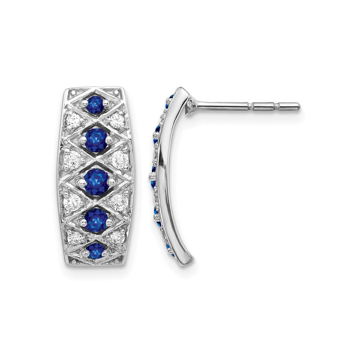 14k White Gold Hoop Earrings with Blue Sapphires and White Diamonds in Crisscross Pattern