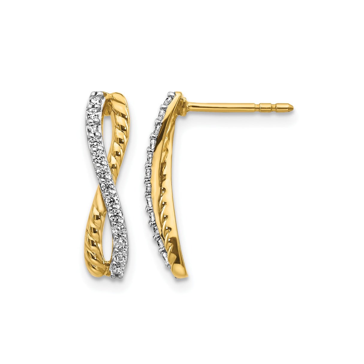 14k Yellow Gold Infinity Stud Earrings with Diamond Accents, Twisted Design for Women