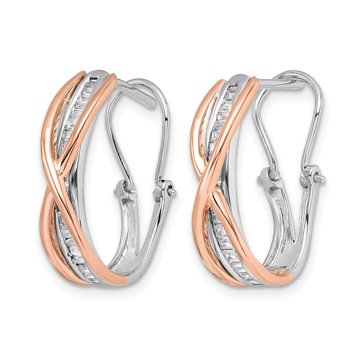 14k Two-Tone Gold Hoop Earrings with Channel-Set Baguette Diamonds, Twisted Crossover Design