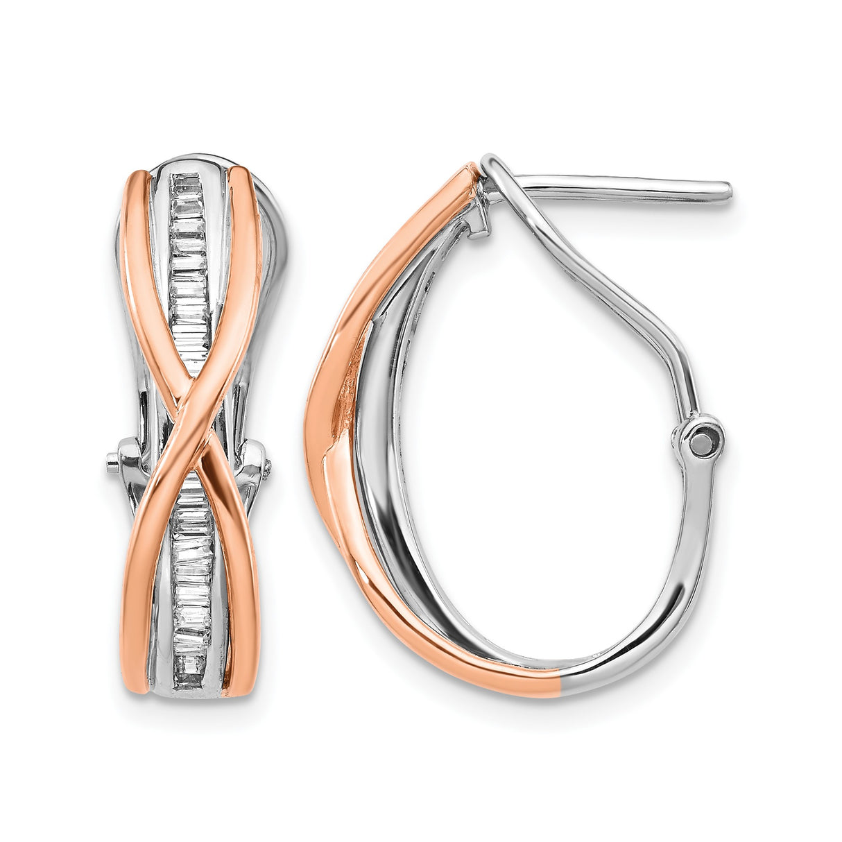 14k Two-Tone Gold Hoop Earrings with Channel-Set Baguette Diamonds, Twisted Crossover Design