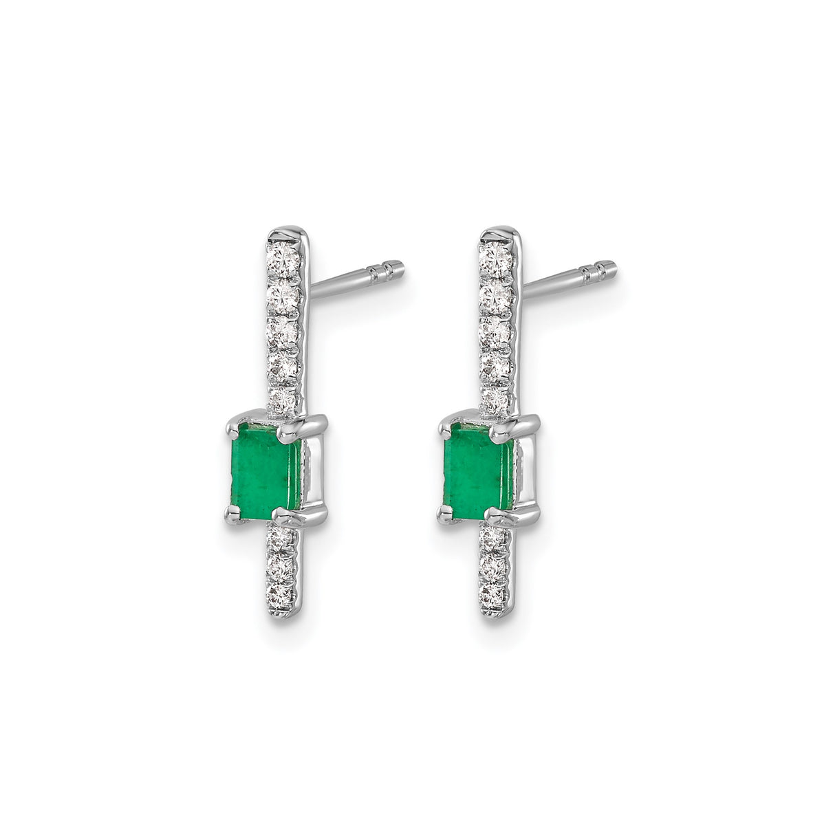 14k White Gold Emerald Stud Earrings with Diamond Accents, Vertical Design