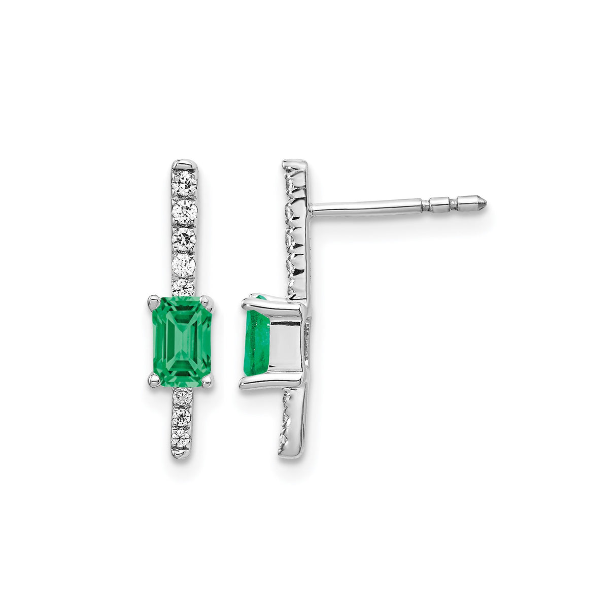 14k White Gold Emerald Stud Earrings with Diamond Accents, Vertical Design