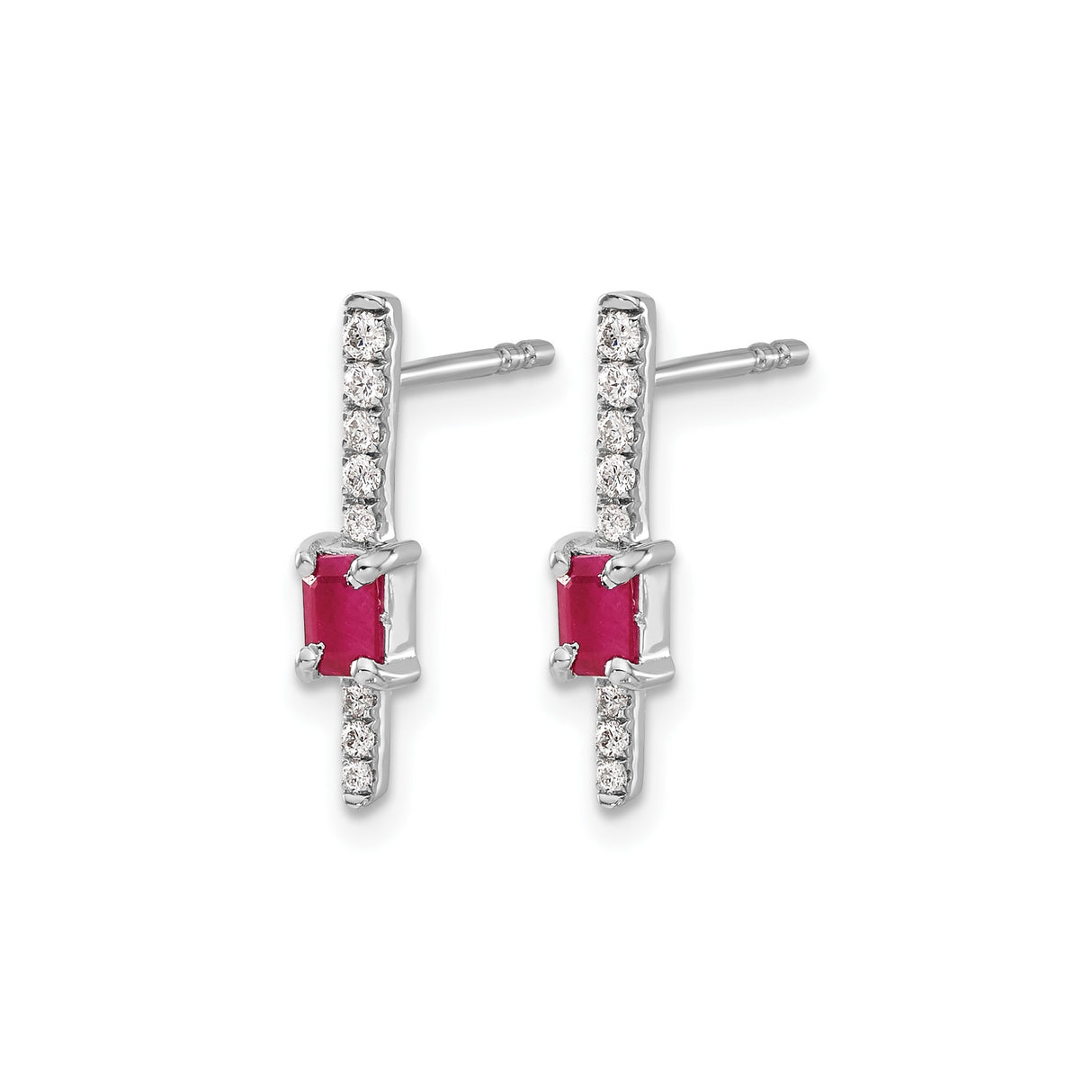 14k White Gold Stud Earrings with Emerald Cut Ruby and Vertical Diamond Accents