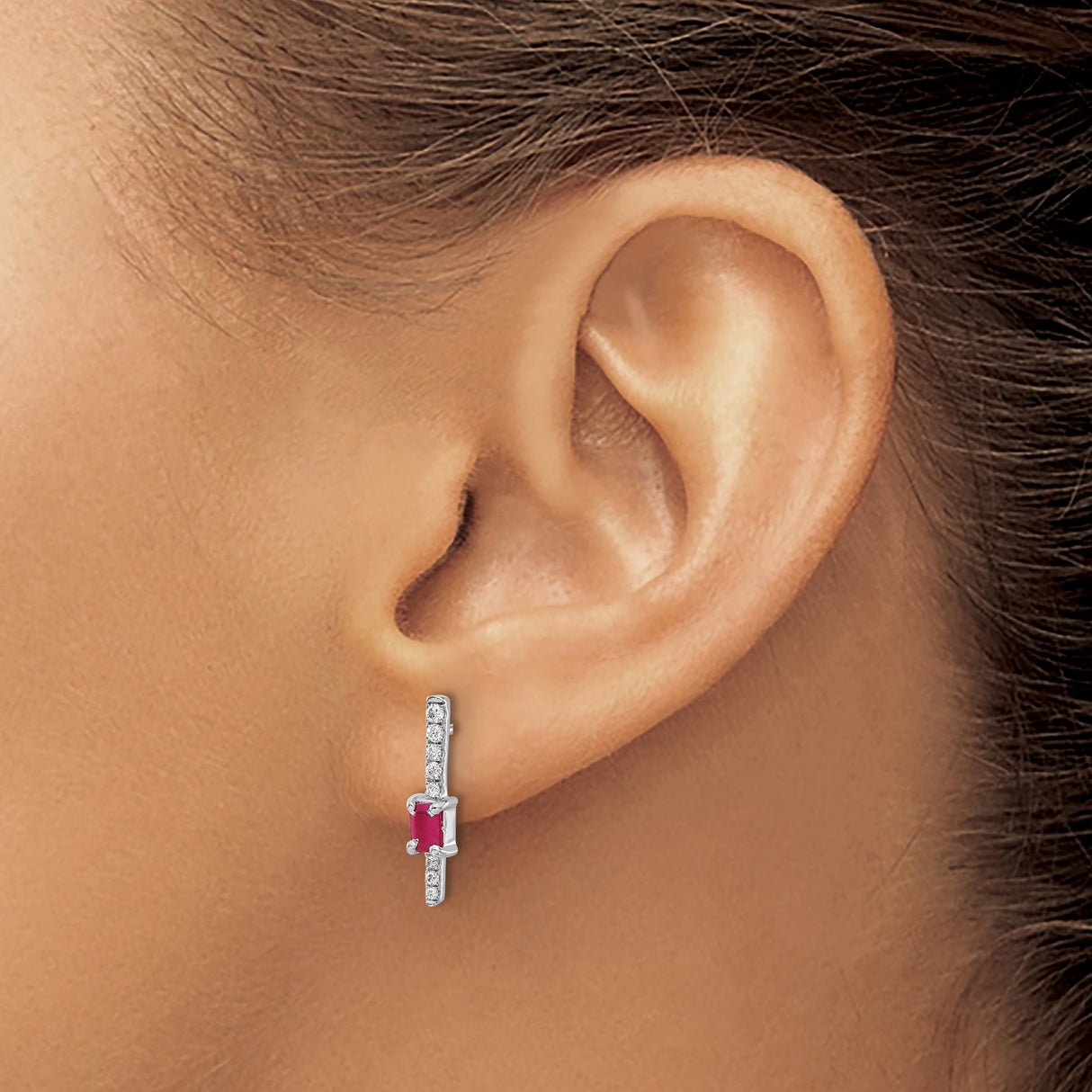 14k White Gold Stud Earrings with Emerald Cut Ruby and Vertical Diamond Accents