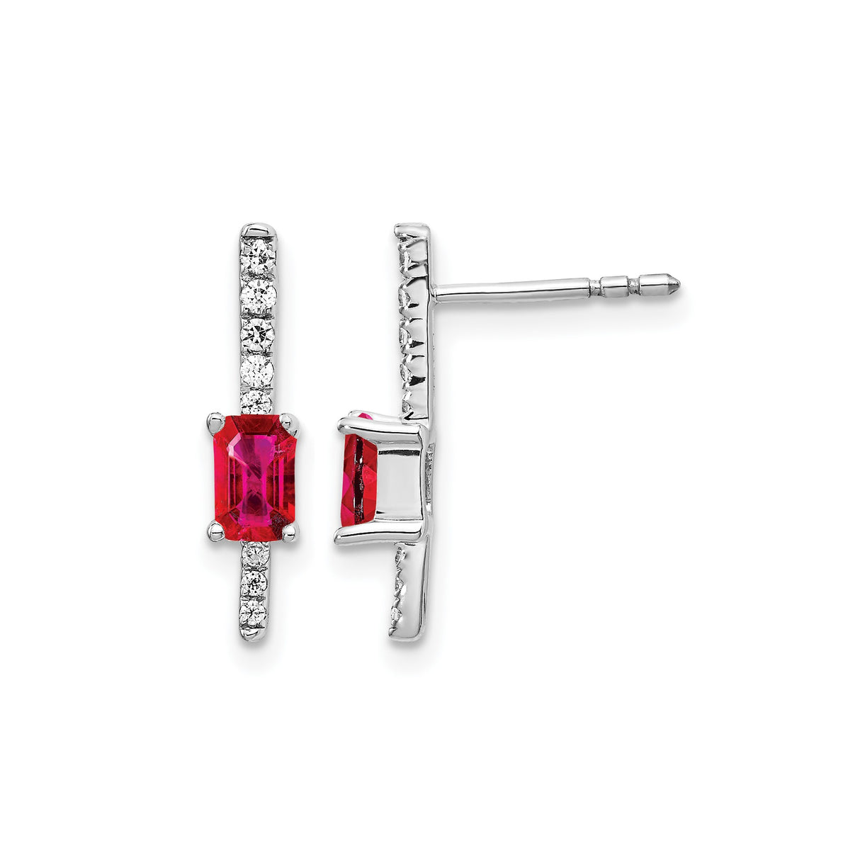 14k White Gold Stud Earrings with Emerald Cut Ruby and Vertical Diamond Accents