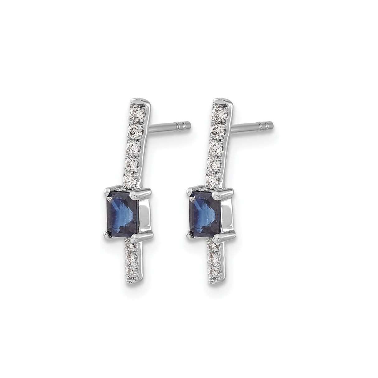 14k White Gold Bar Earrings with Sapphire and Diamond, Rectangle Drop Studs for Women