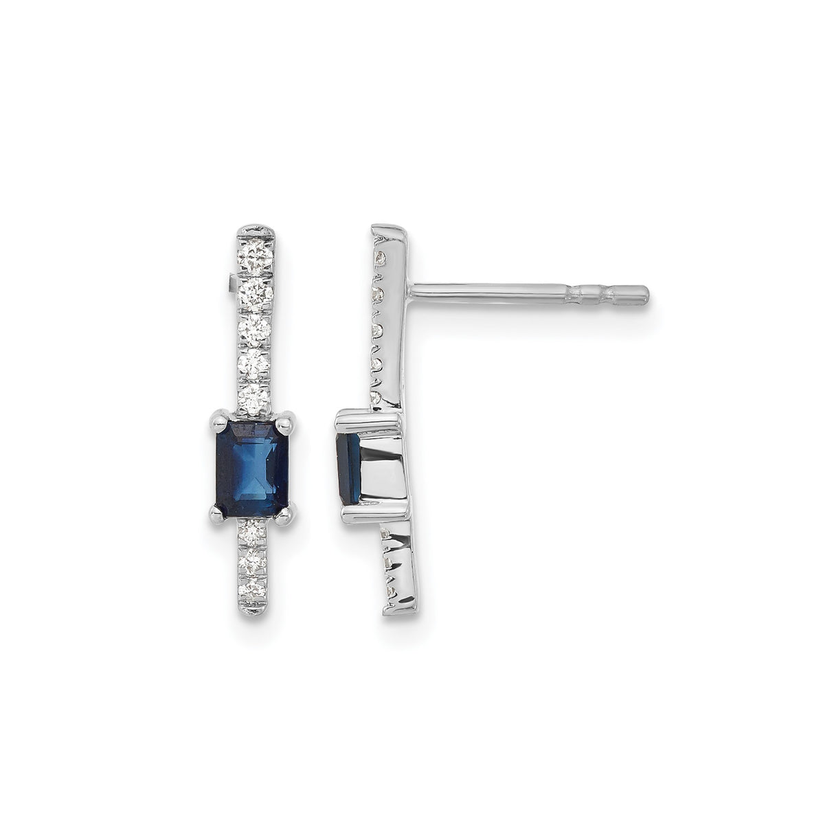 14k White Gold Bar Earrings with Sapphire and Diamond, Rectangle Drop Studs for Women