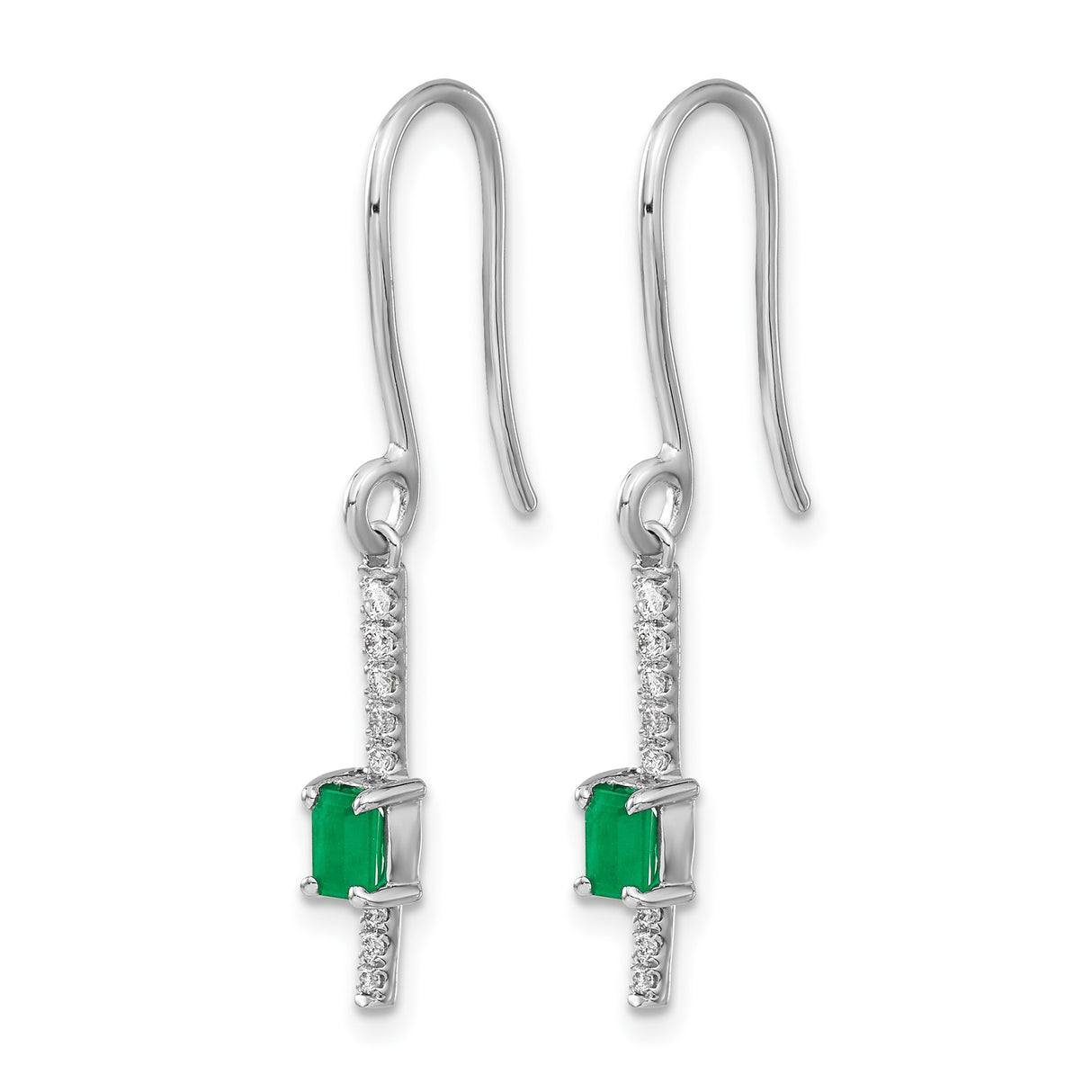 14k White Gold Dangle Earrings with Emerald and Diamond, Modern Drop Design for Women
