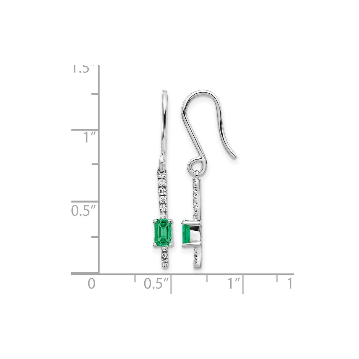 14k White Gold Dangle Earrings with Emerald and Diamond, Modern Drop Design for Women