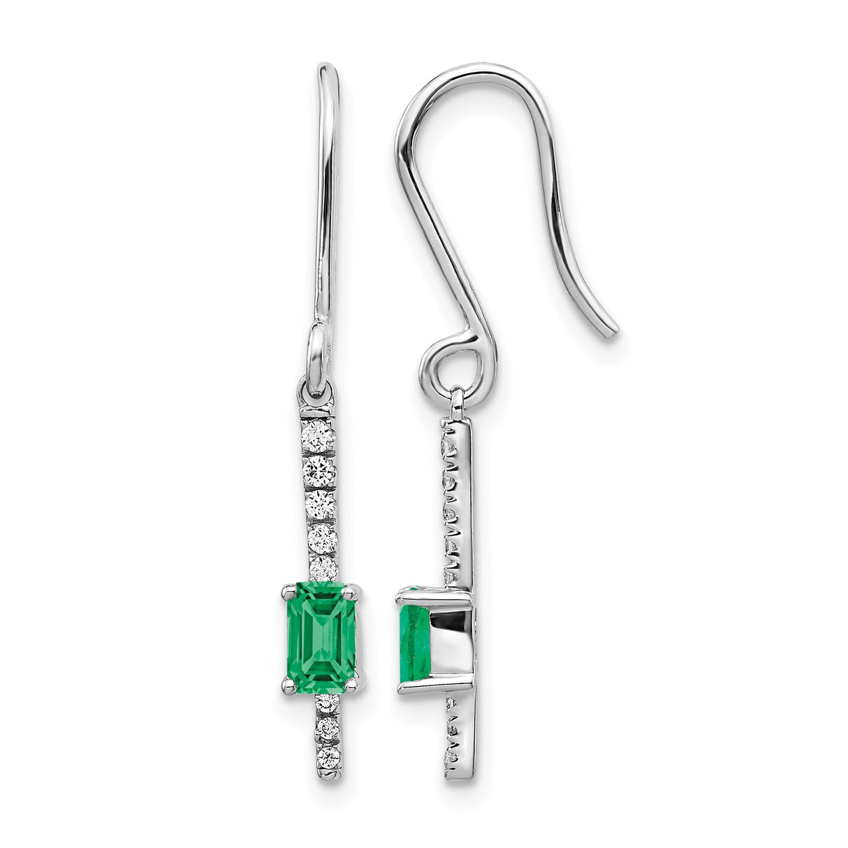 14k White Gold Dangle Earrings with Emerald and Diamond, Modern Drop Design for Women