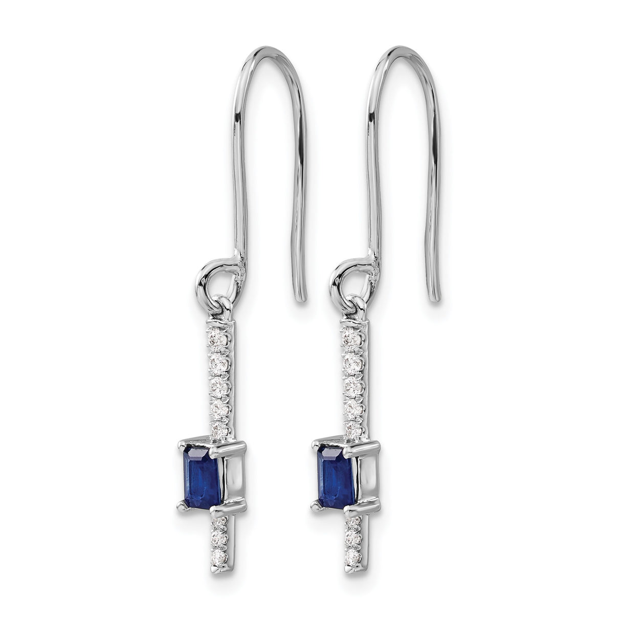 14k White Gold Dangle Earrings with Blue Sapphire and Diamond, Vertical Bar Design