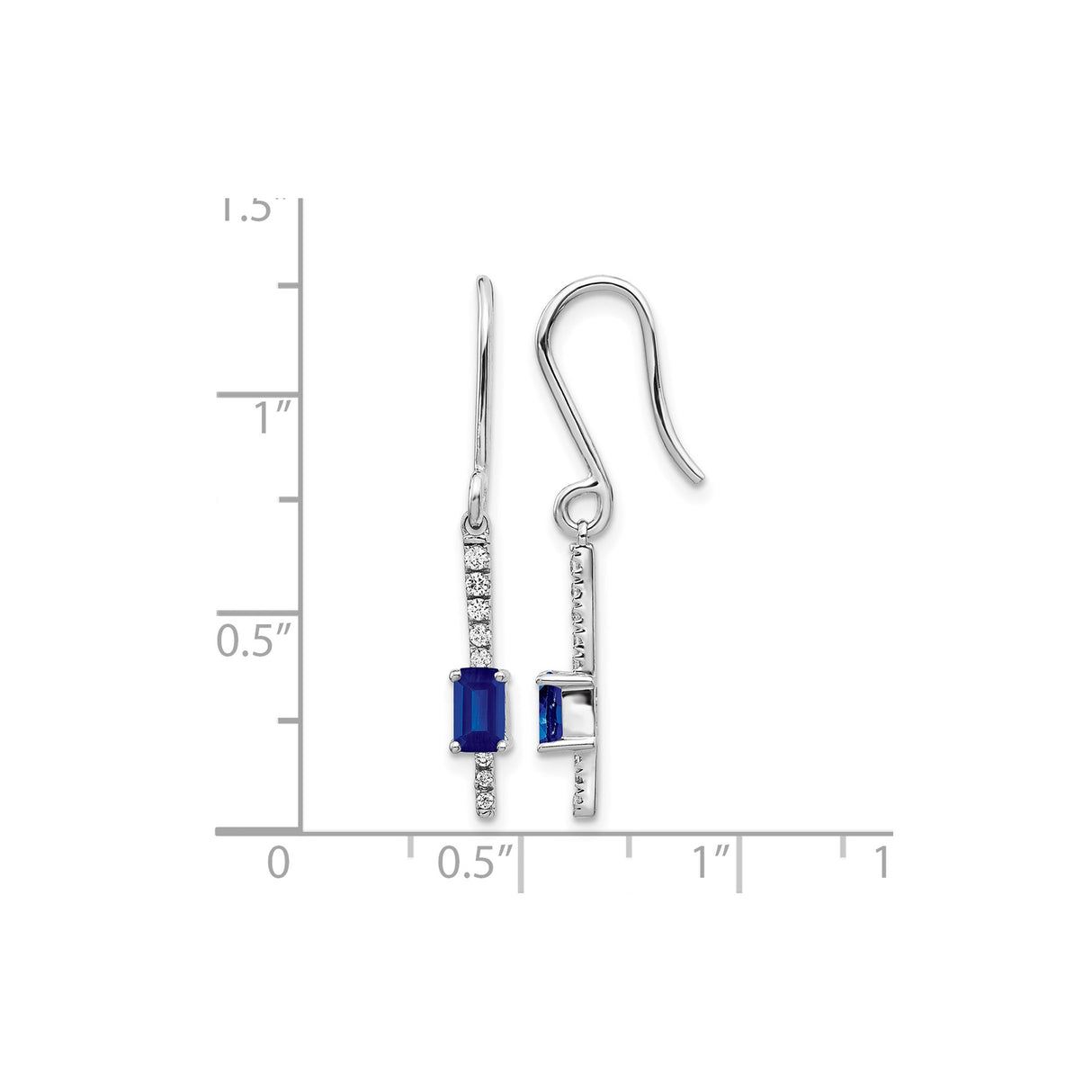 14k White Gold Dangle Earrings with Blue Sapphire and Diamond, Vertical Bar Design