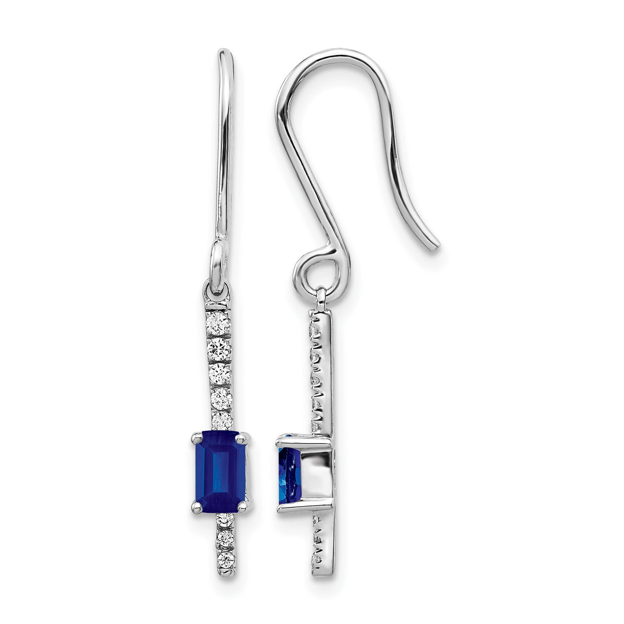 14k White Gold Dangle Earrings with Blue Sapphire and Diamond, Vertical Bar Design