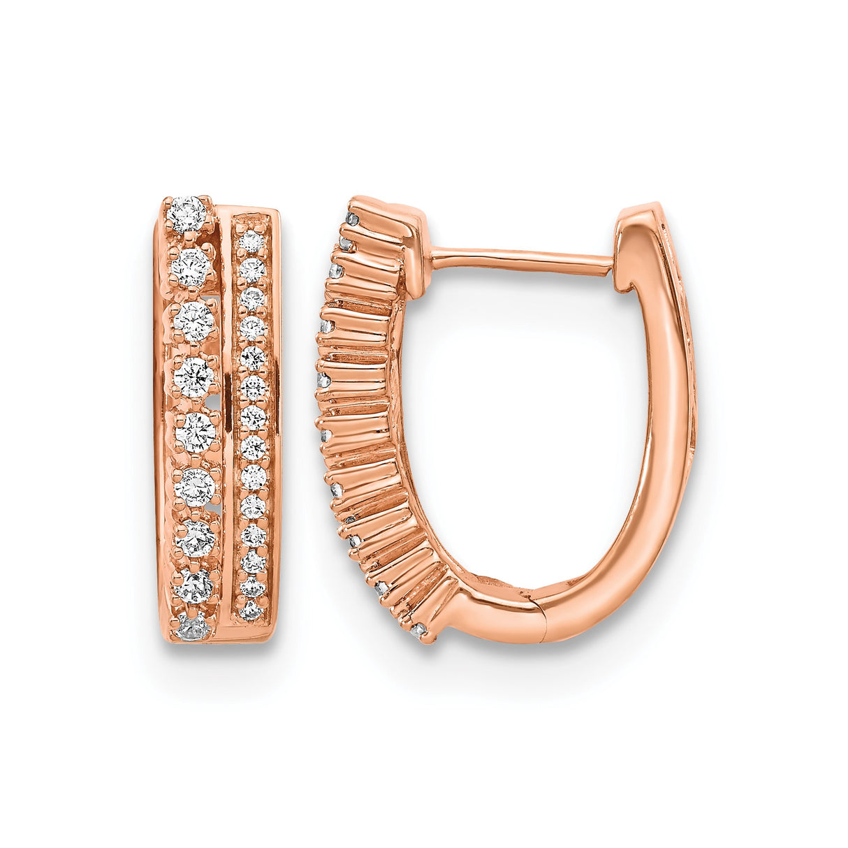 14k Rose Gold Hoop Earrings with Round Cut Diamonds in Modern Channel Setting