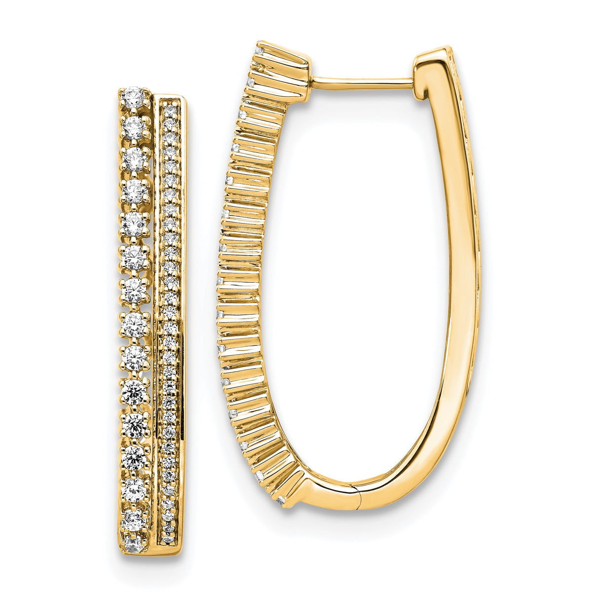 14k Yellow Gold Hoop Earrings with Round and Baguette Cubic Zirconia, Double Row Design