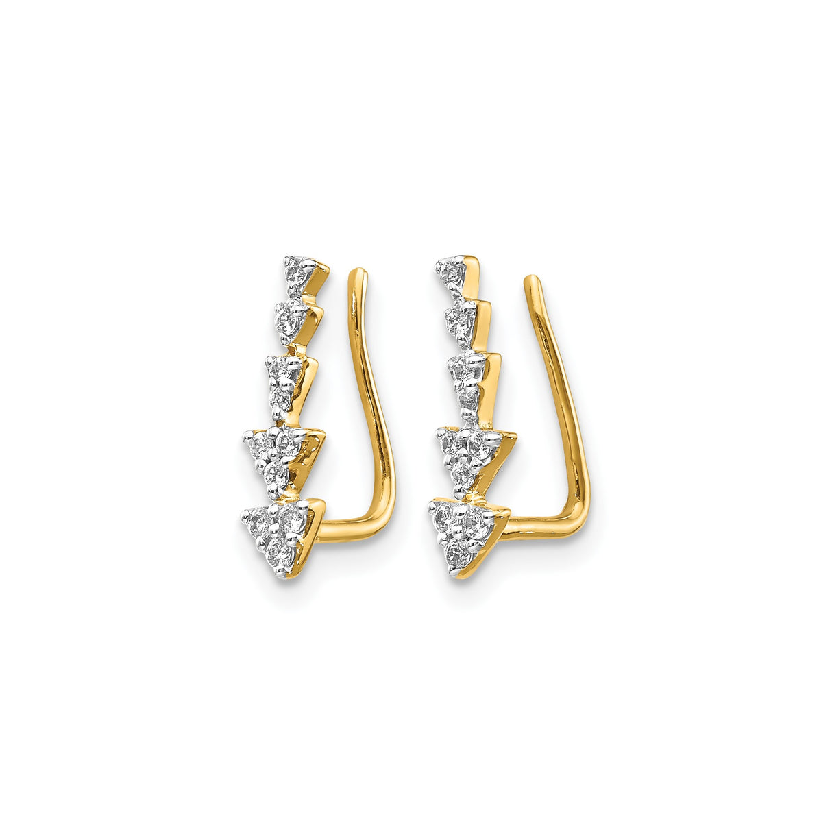 10k Yellow Gold Ear Climber Earrings with Diamond Pavé Triangle Design, Modern Geometric Style