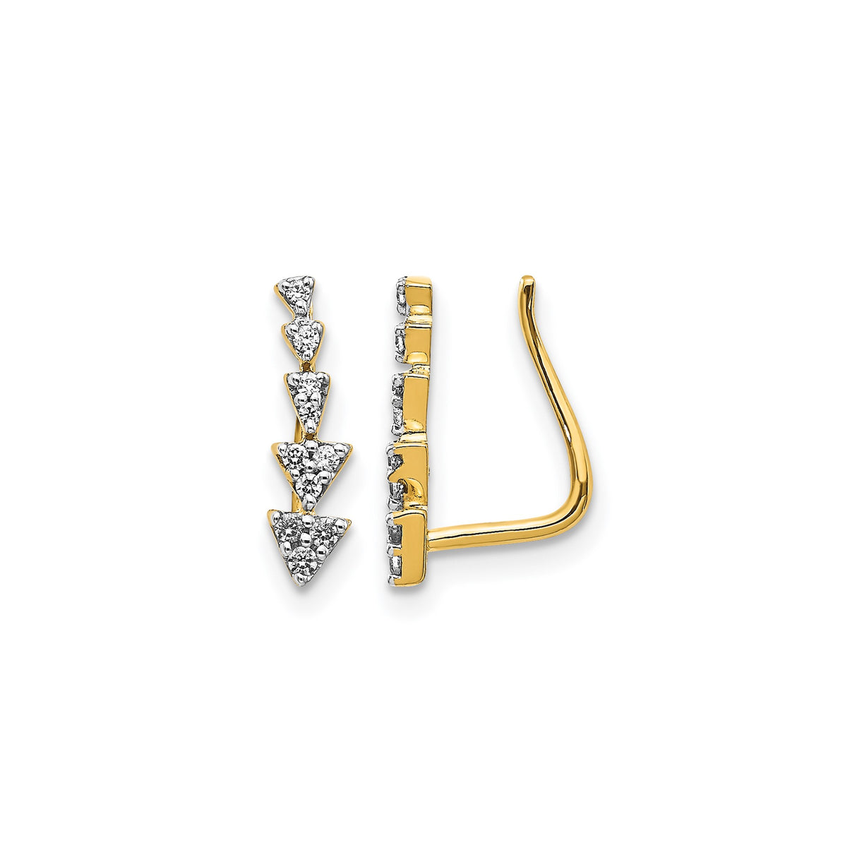 14k Yellow Gold Ear Climber Earrings with Diamond, Pavé Triangle Minimalist Design