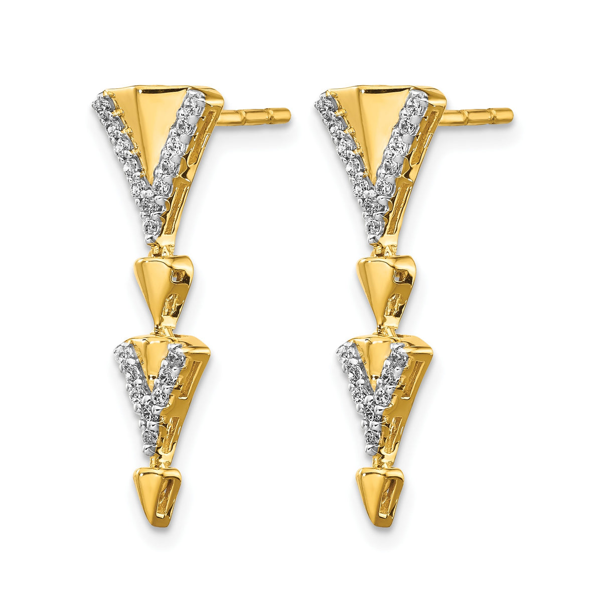 14k Yellow Gold V-Shaped Drop Earrings with Diamonds, Geometric Modern Style