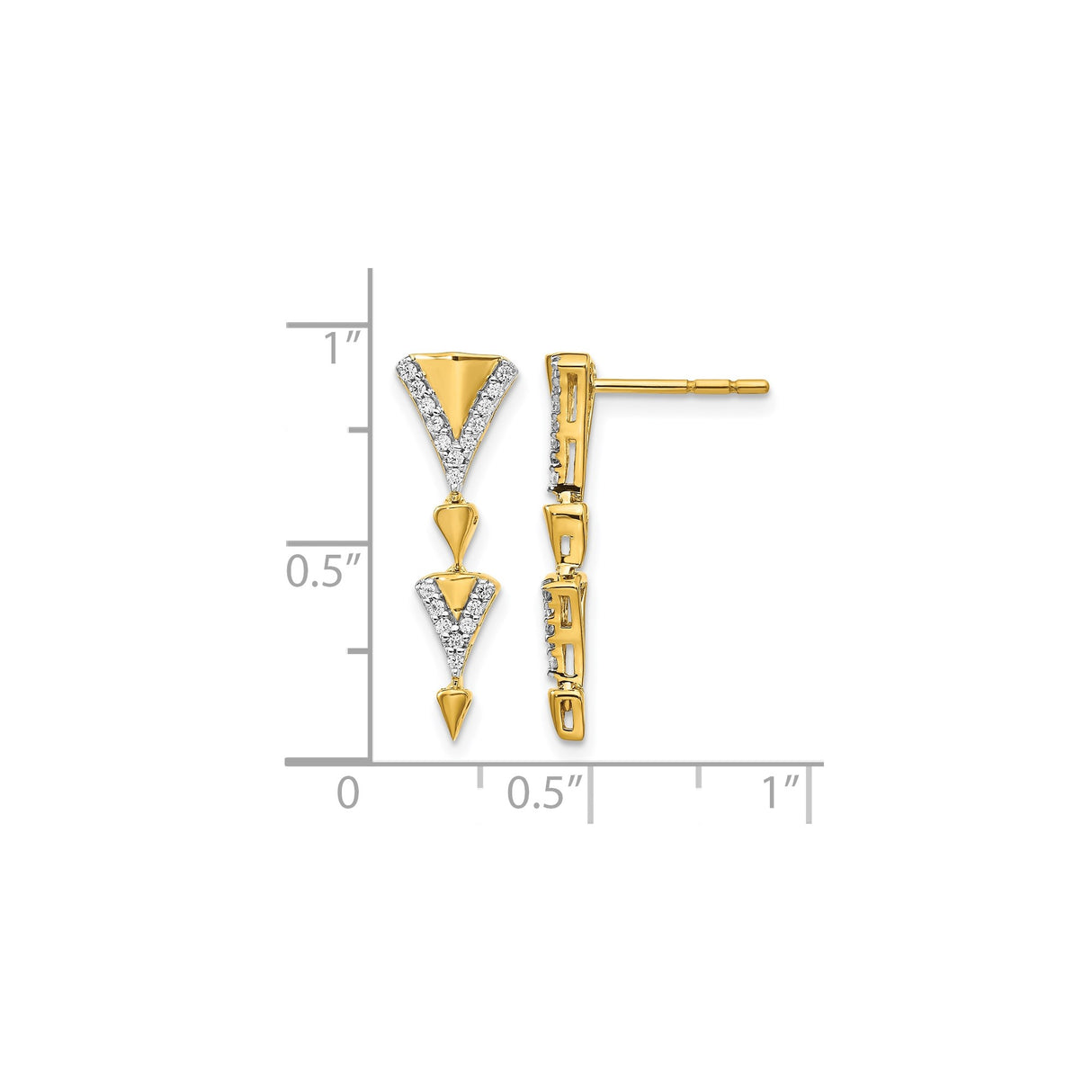 14k Yellow Gold V-Shaped Drop Earrings with Diamonds, Geometric Modern Style