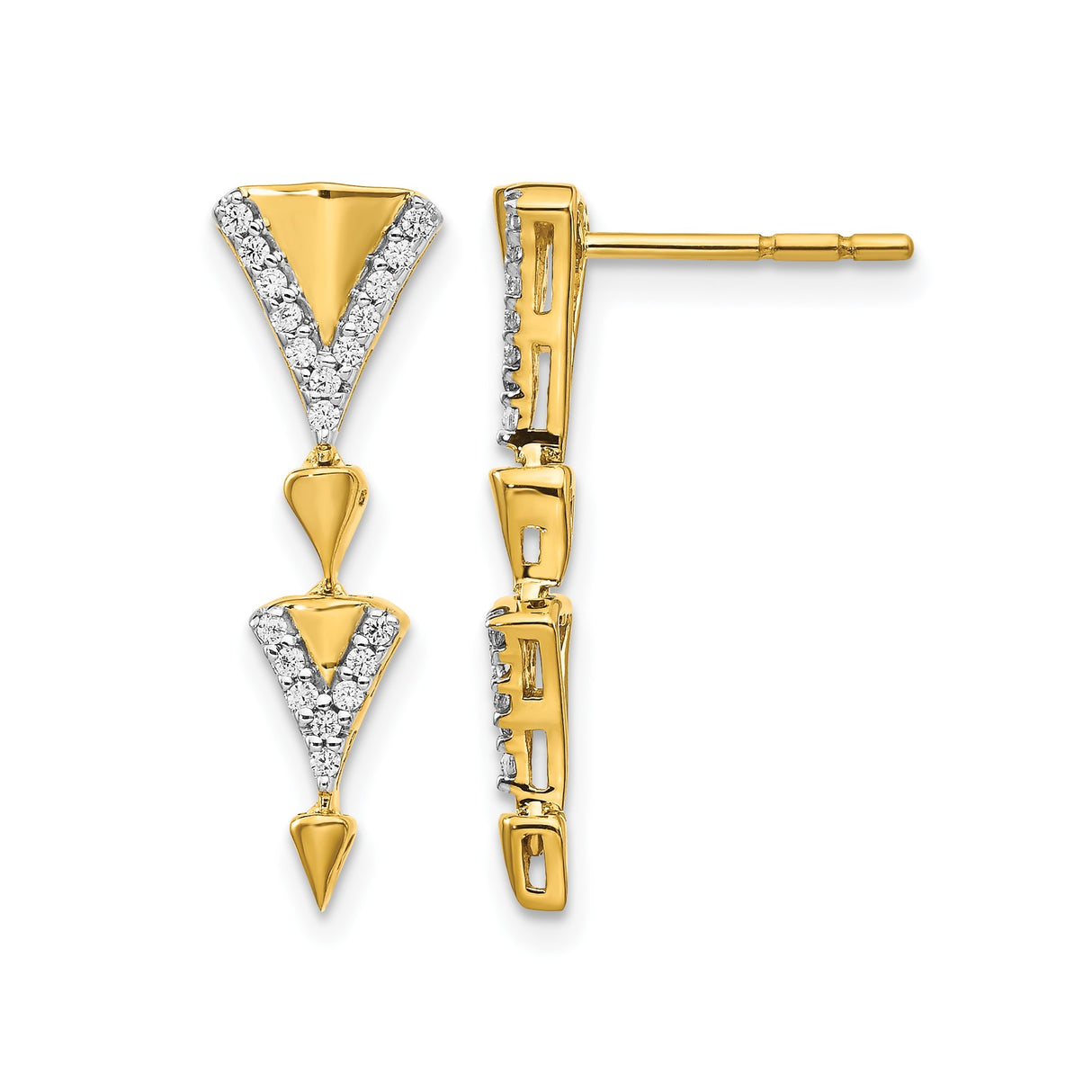 14k Yellow Gold V-Shaped Drop Earrings with Diamonds, Geometric Modern Style