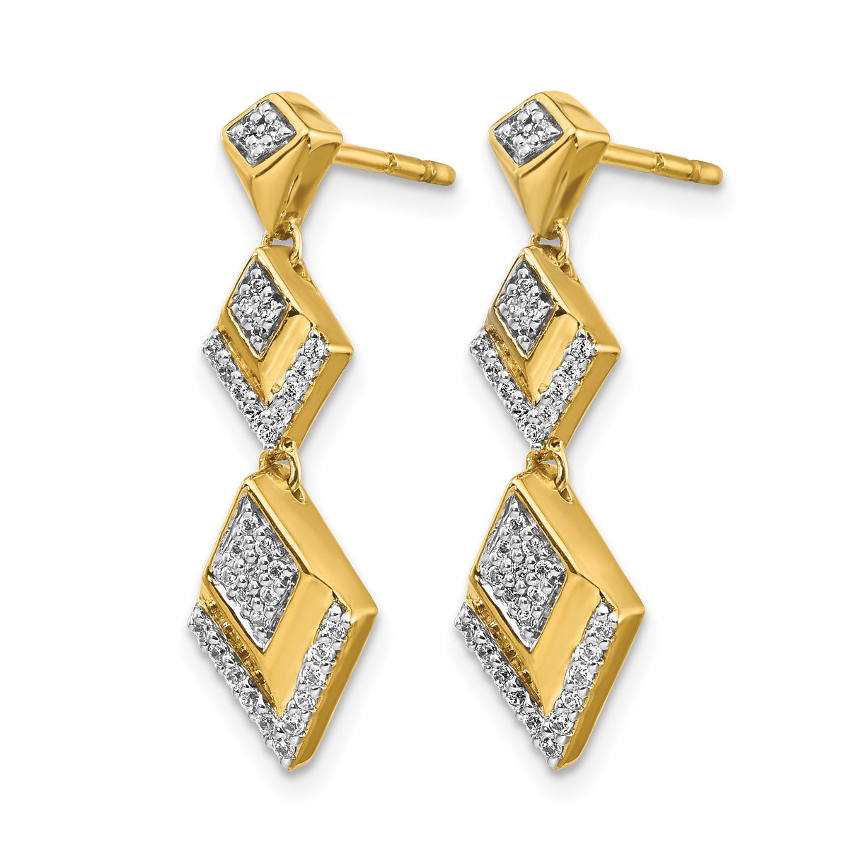 14k Yellow Gold Dangle Earrings with Triple Diamond Drop, Geometric Long Style for Women
