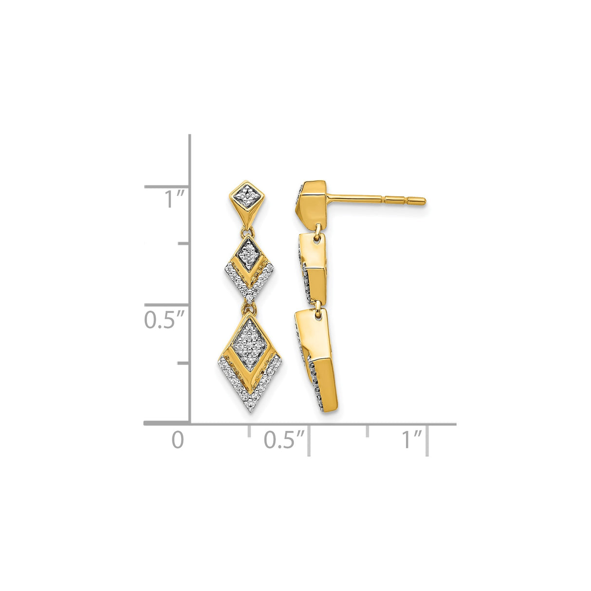 14k Yellow Gold Dangle Earrings with Triple Diamond Drop, Geometric Long Style for Women