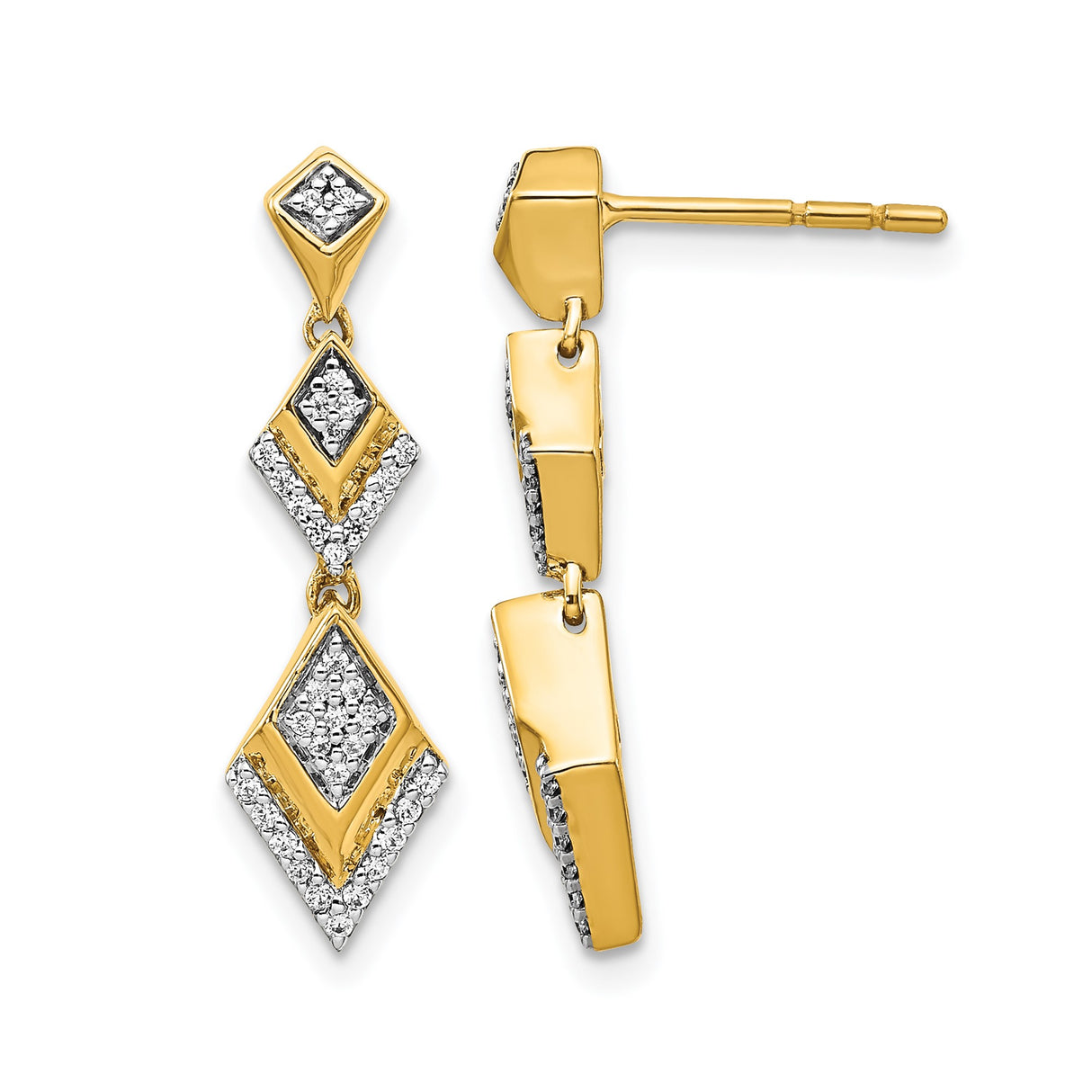 14k Yellow Gold Dangle Earrings with Triple Diamond Drop, Geometric Long Style for Women