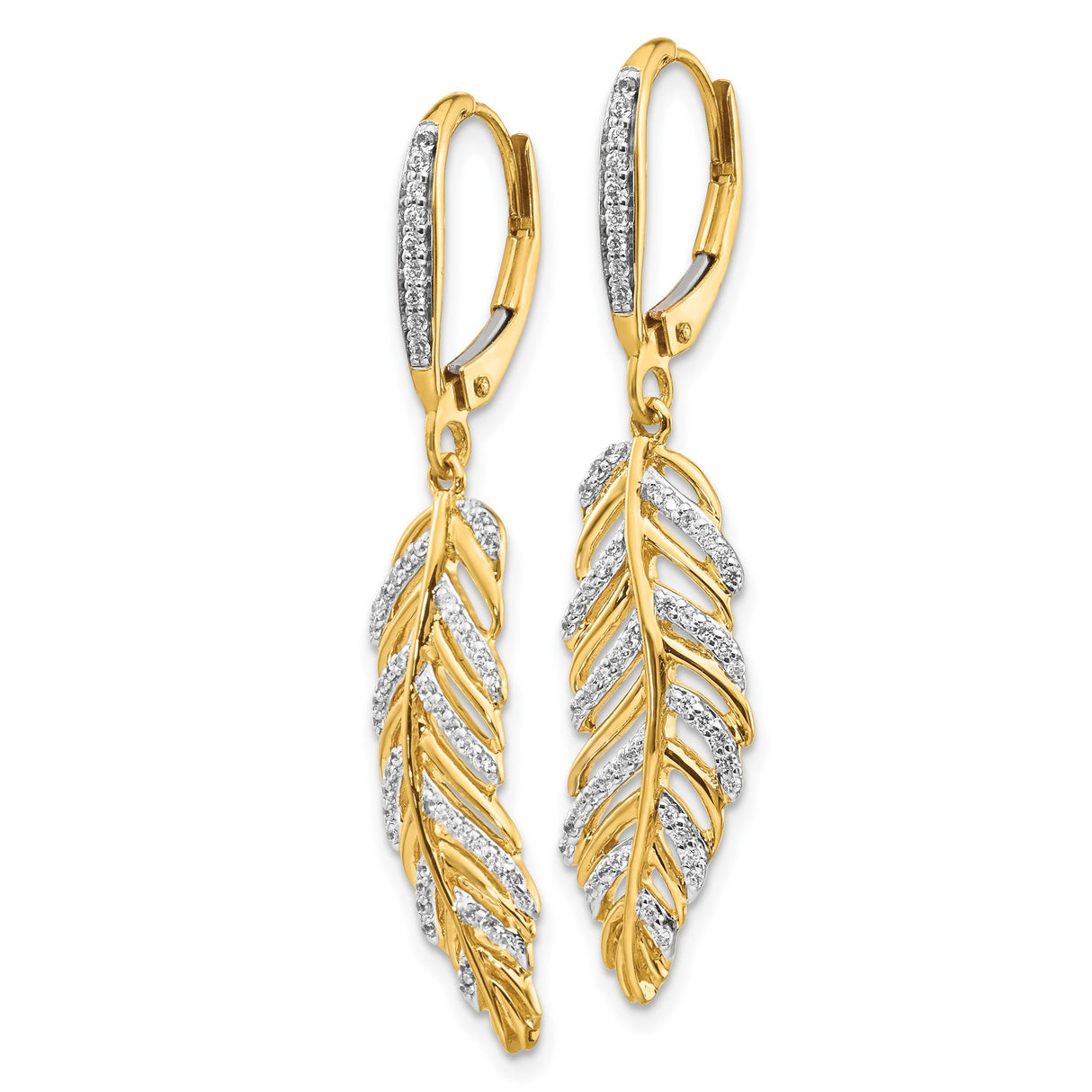 14k Yellow Gold Feather Drop Earrings with Diamonds, Nature Inspired Dangle Jewelry for Women