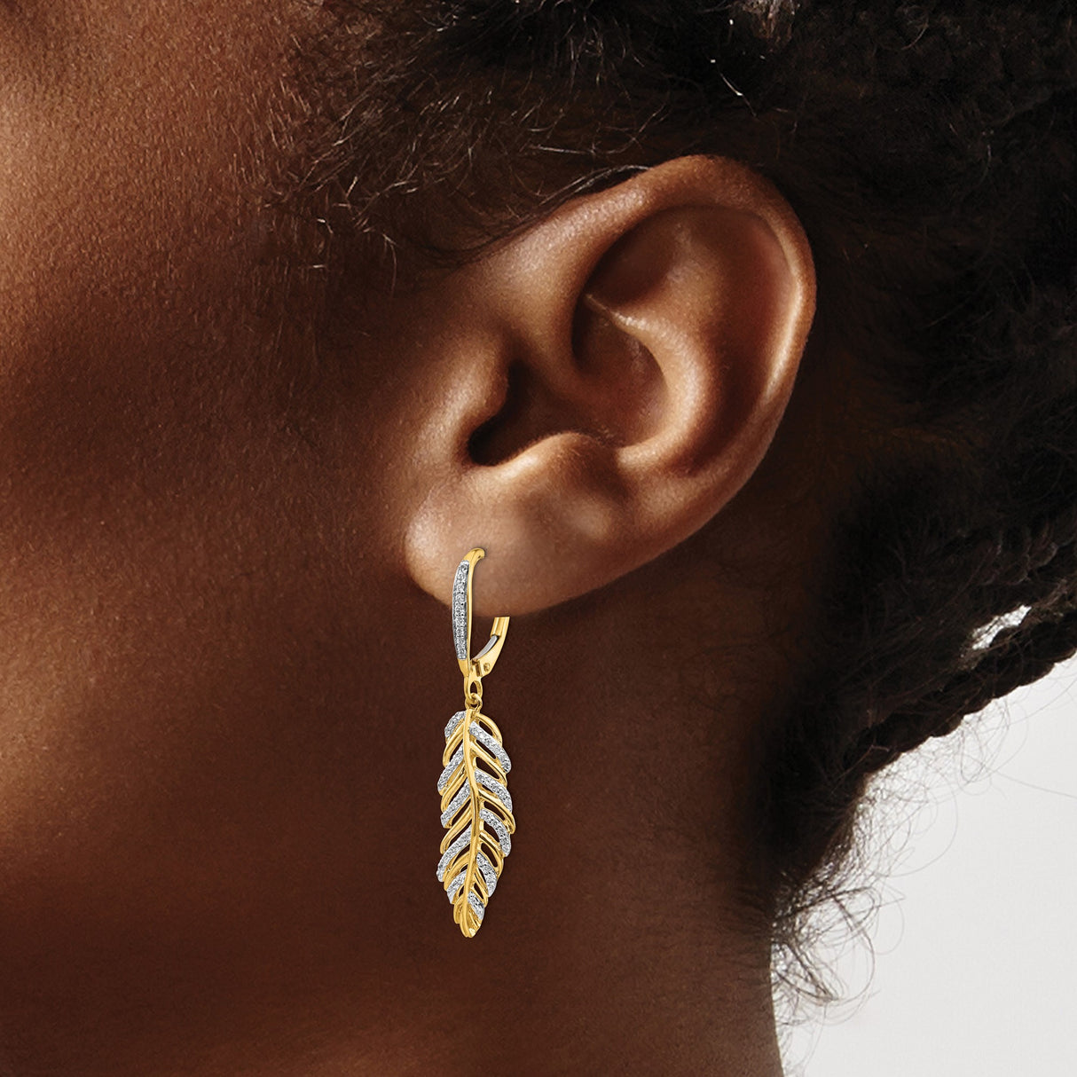14k Yellow Gold Feather Drop Earrings with Diamonds, Nature Inspired Dangle Jewelry for Women