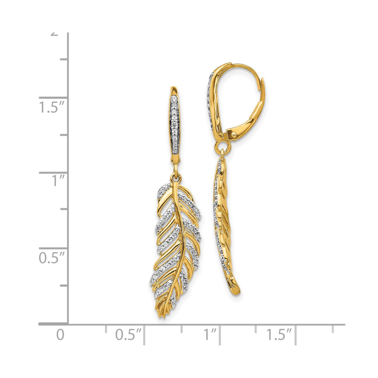 14k Yellow Gold Feather Drop Earrings with Diamonds, Nature Inspired Dangle Jewelry for Women