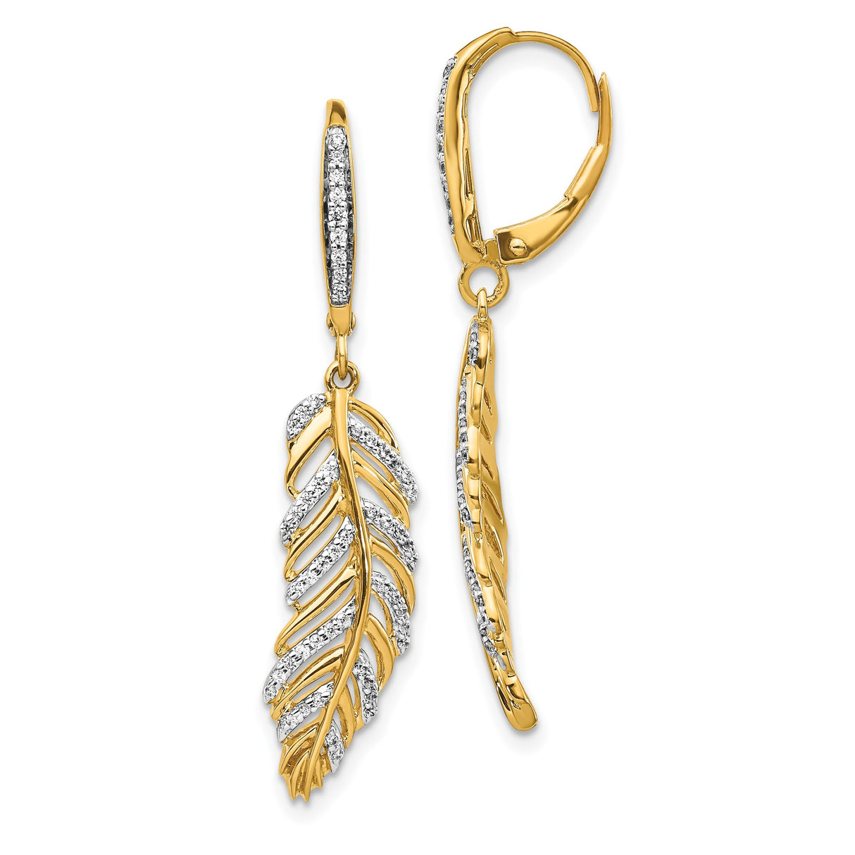 14k Yellow Gold Feather Drop Earrings with Diamonds, Nature Inspired Dangle Jewelry for Women