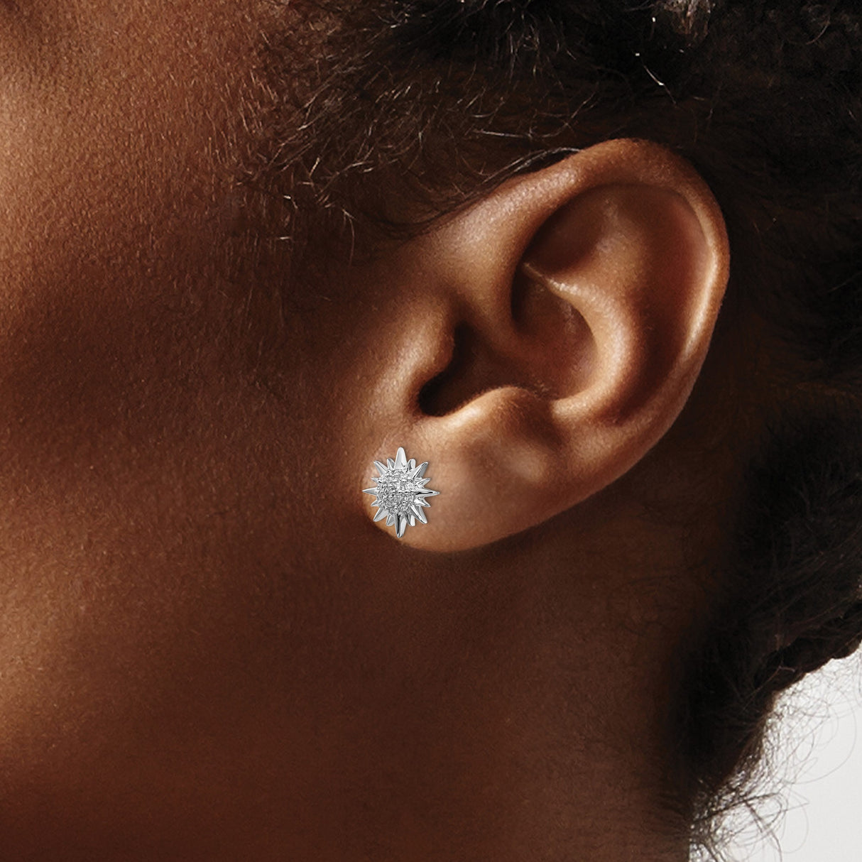 14k White Gold Sunburst Stud Earrings with Pavé Diamonds, Celestial Energy Design