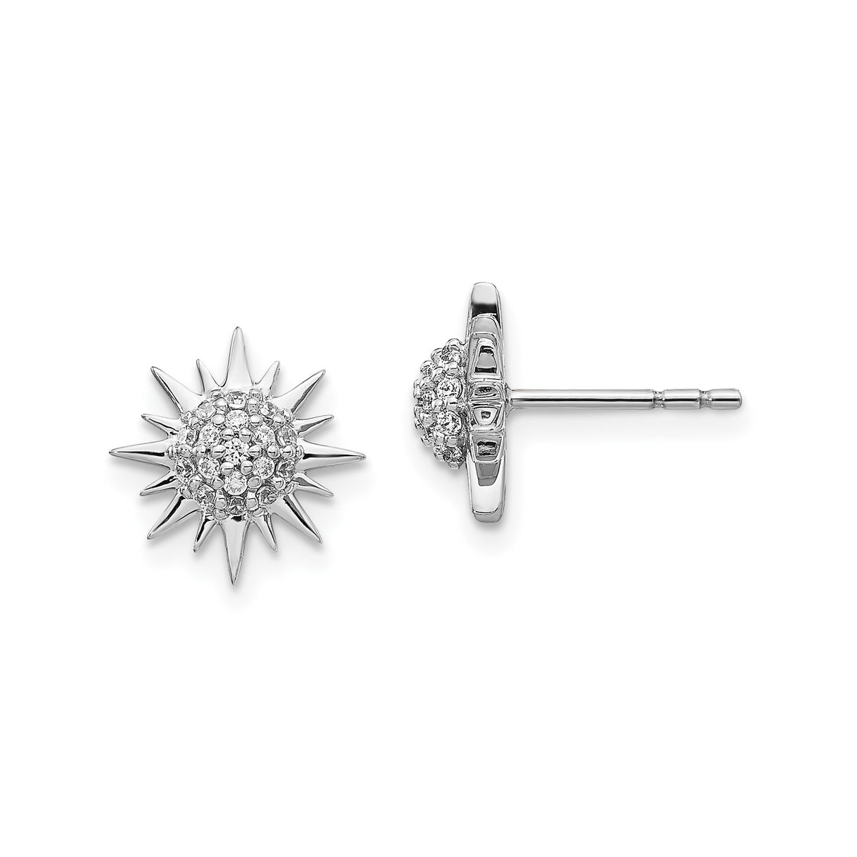 14k White Gold Sunburst Stud Earrings with Pavé Diamonds, Celestial Energy Design