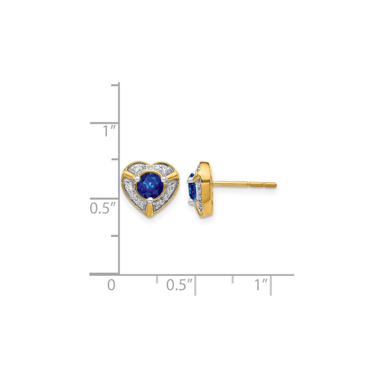14k Yellow Gold Heart Shaped Stud Earrings with Sapphire and Diamond Accents