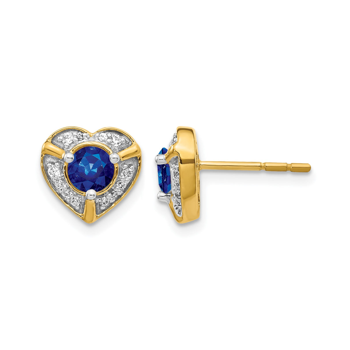14k Yellow Gold Heart Shaped Stud Earrings with Sapphire and Diamond Accents