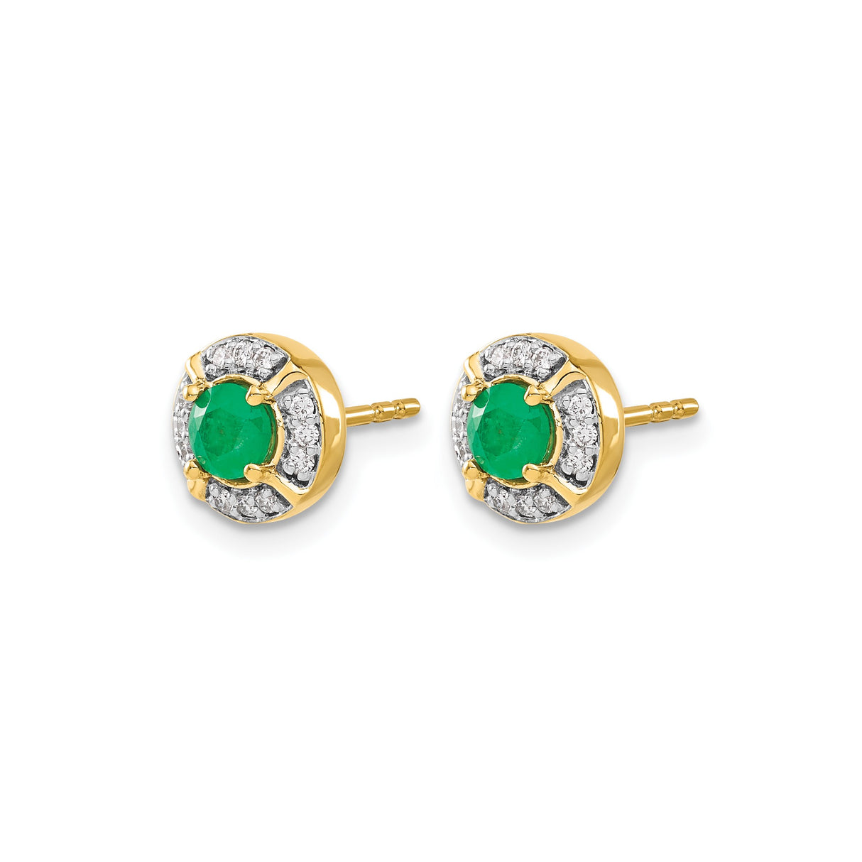 14k Yellow Gold Stud Earrings with Round Emerald and Diamond Halo Bezel Setting