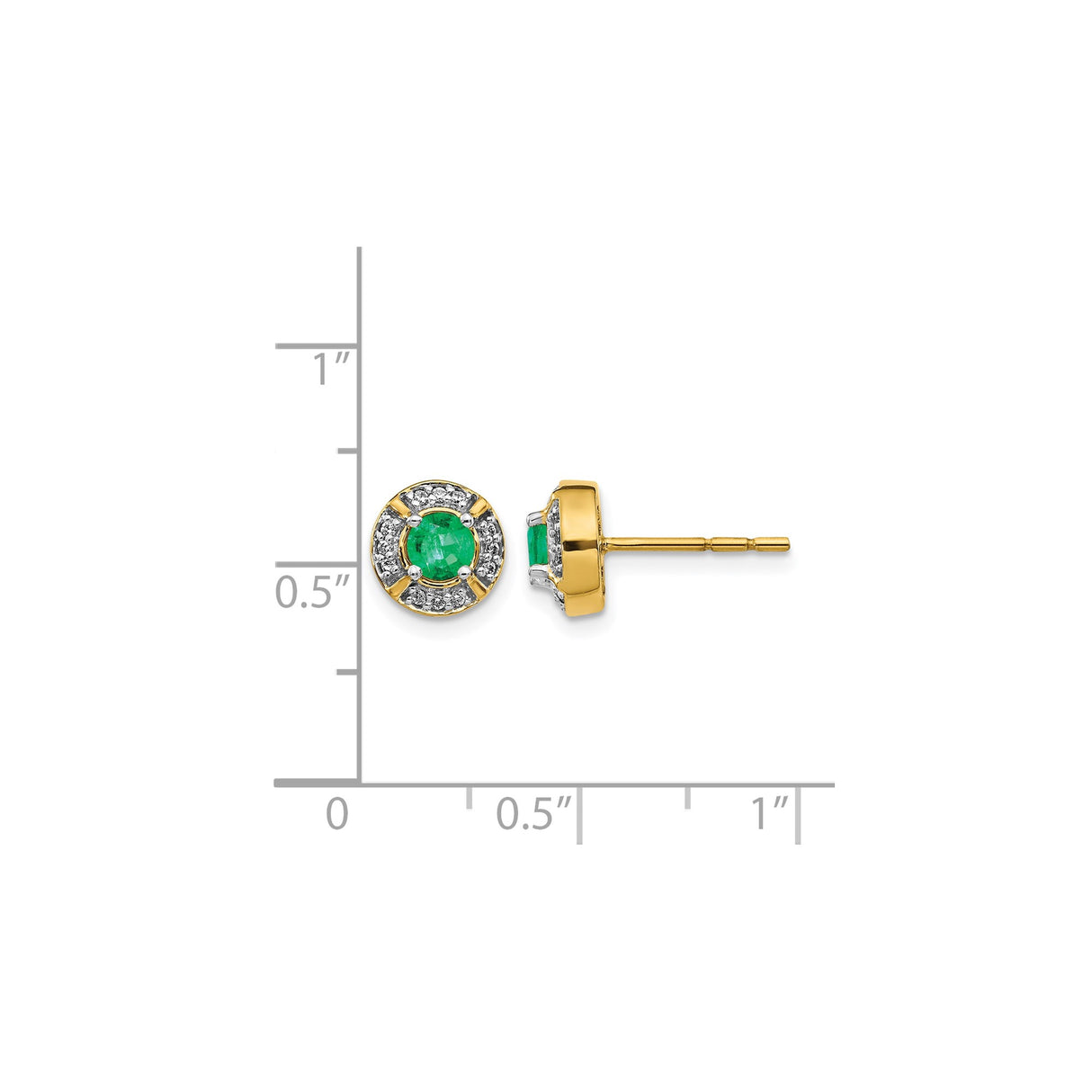 14k Yellow Gold Stud Earrings with Round Emerald and Diamond Halo Bezel Setting