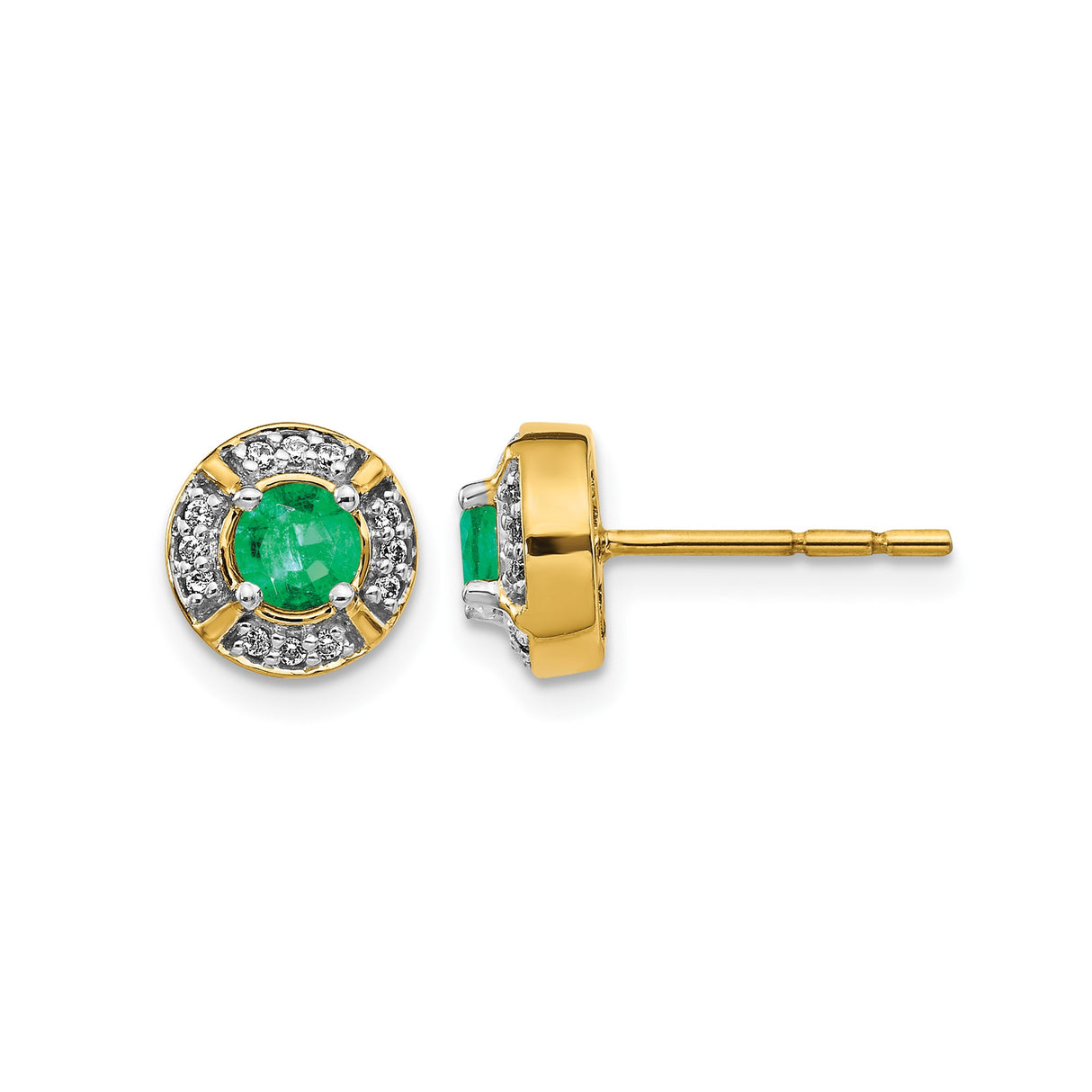 14k Yellow Gold Stud Earrings with Round Emerald and Diamond Halo Bezel Setting