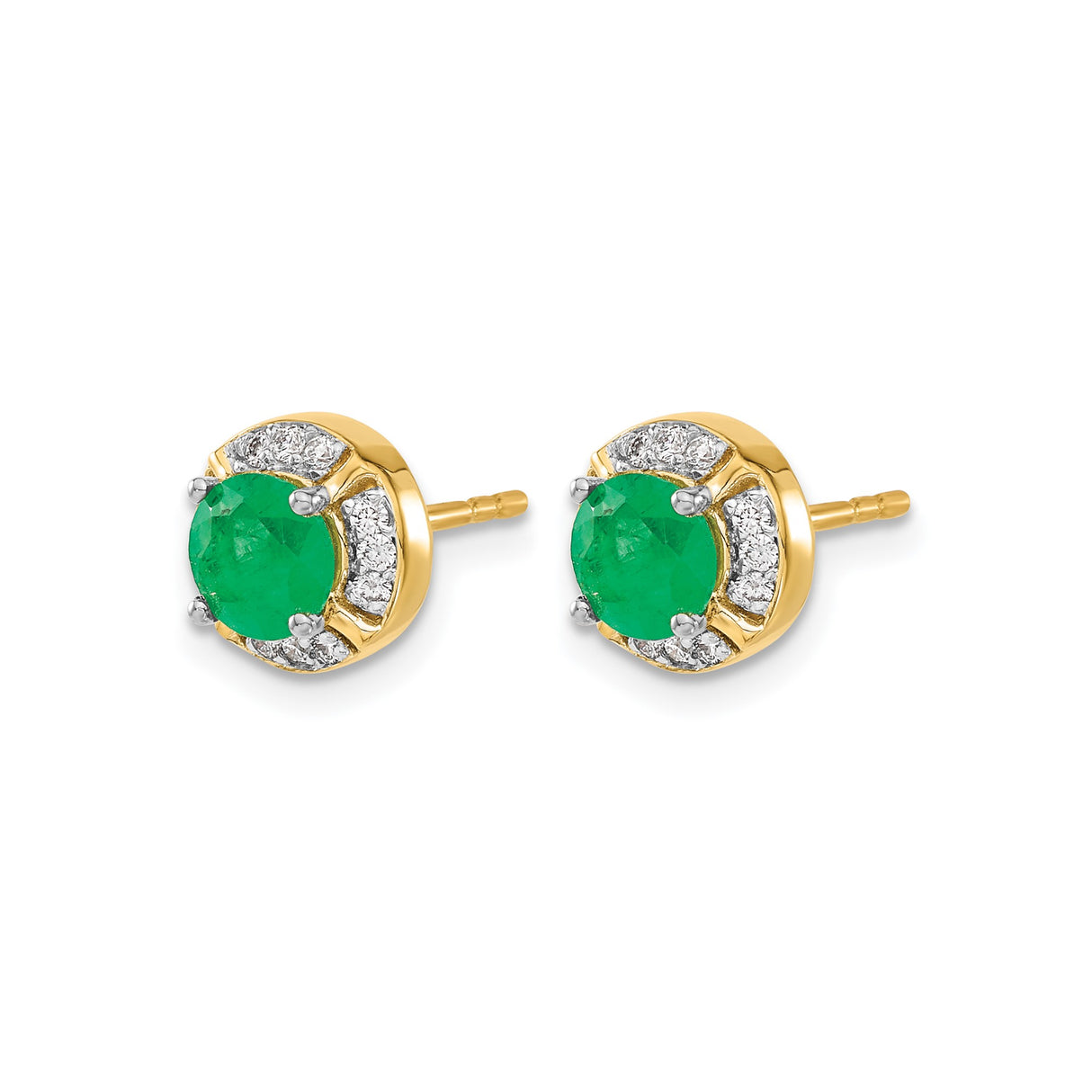 14k Yellow Gold Stud Earrings with Round Emerald and Diamond Halo
