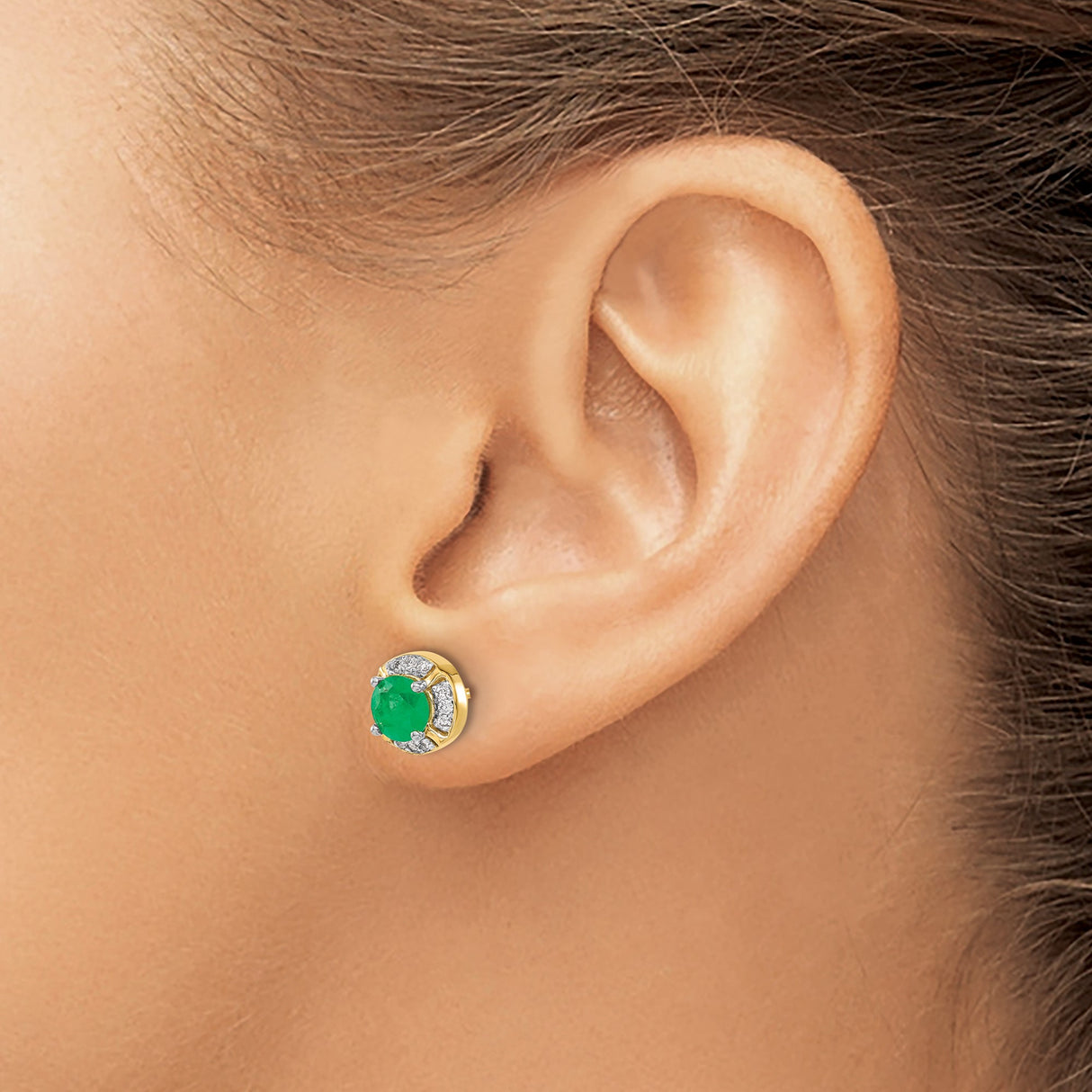 14k Yellow Gold Stud Earrings with Round Emerald and Diamond Halo