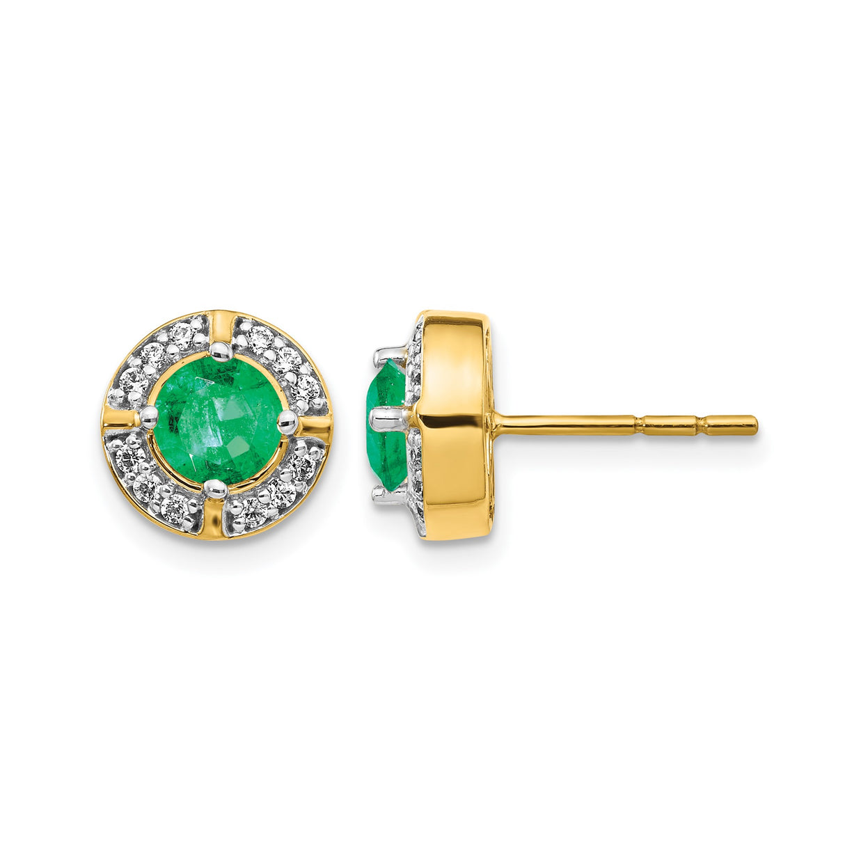 14k Yellow Gold Stud Earrings with Round Emerald and Diamond Halo