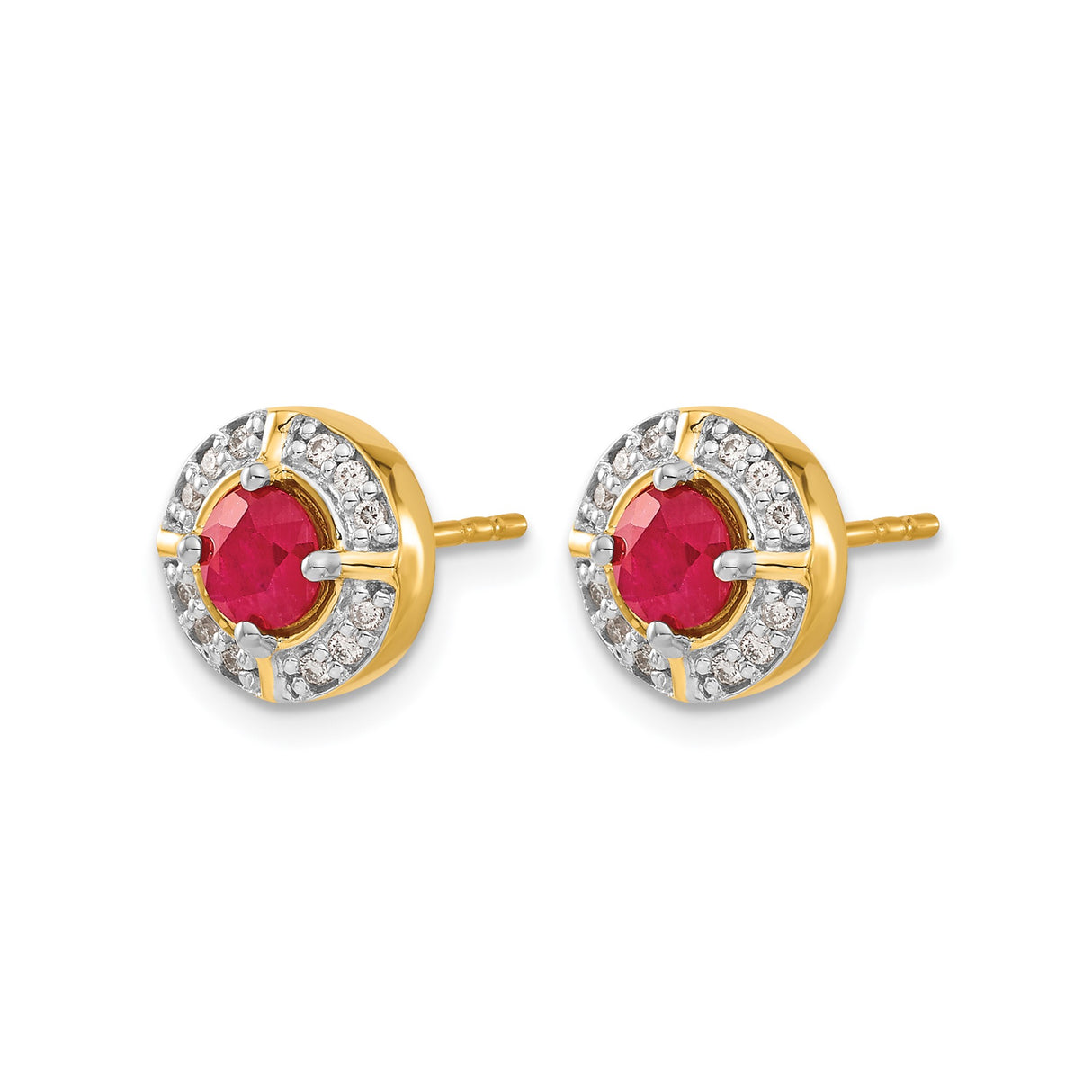 14k Yellow Gold Stud Earrings with Ruby Center and Diamond Halo
