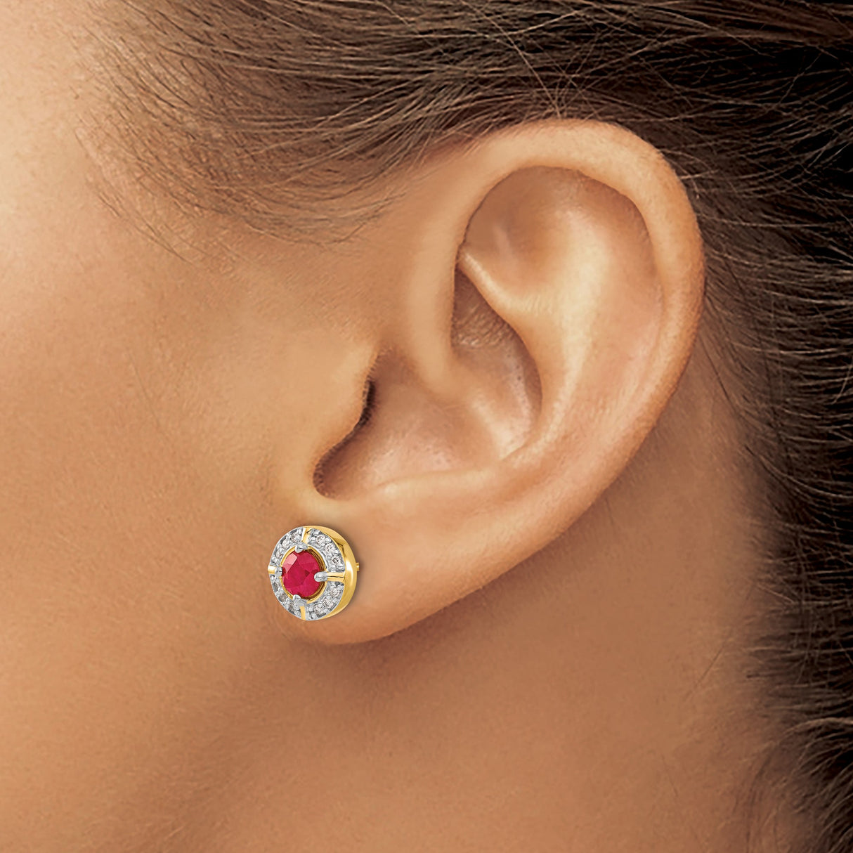 14k Yellow Gold Stud Earrings with Ruby Center and Diamond Halo