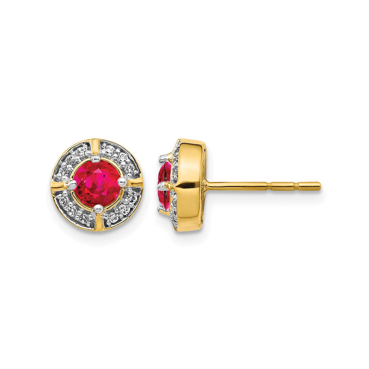 14k Yellow Gold Stud Earrings with Ruby Center and Diamond Halo