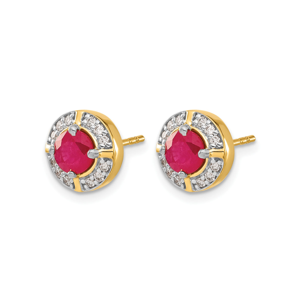 14k Yellow Gold Stud Earrings with Ruby Center and Diamond Halo for Women