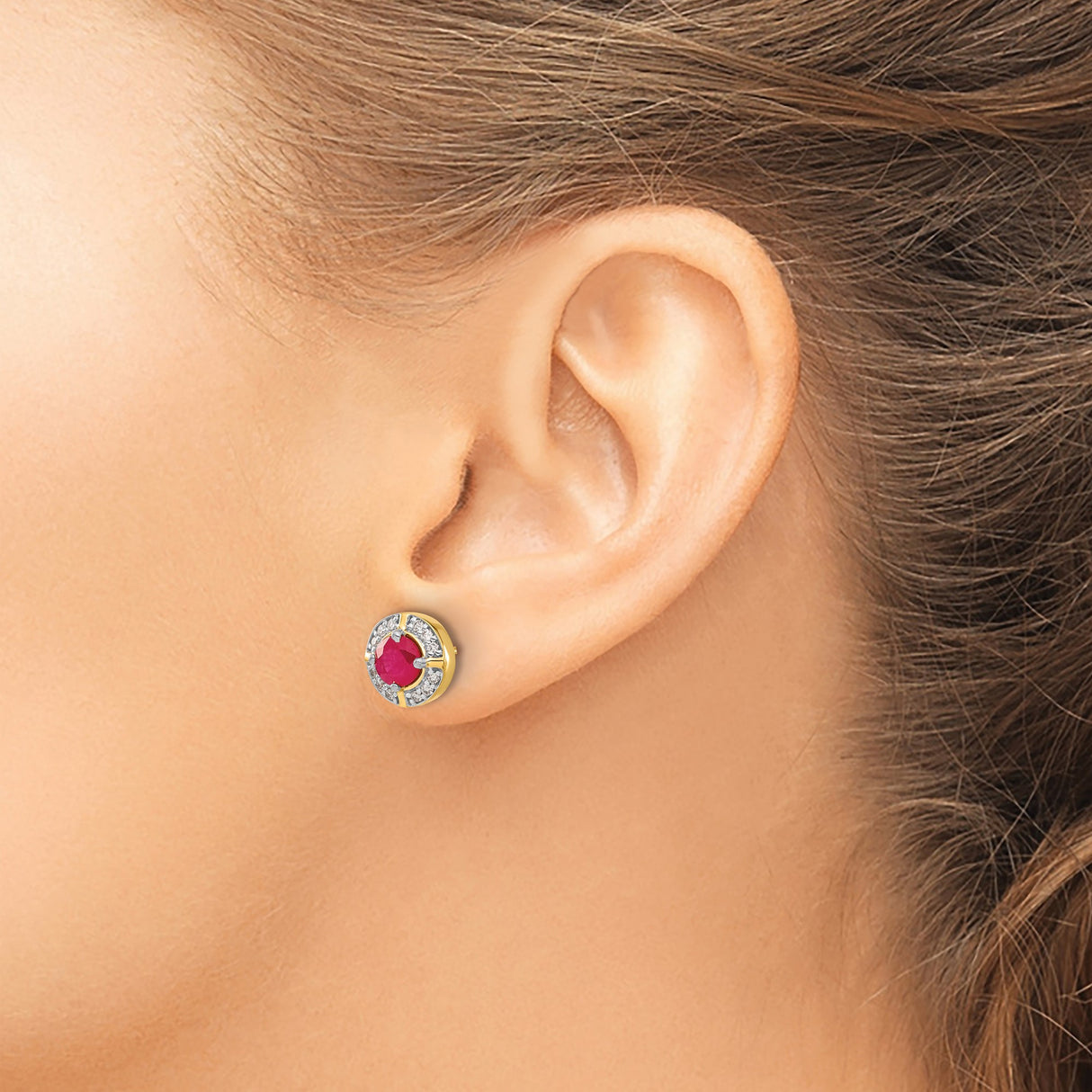 14k Yellow Gold Stud Earrings with Ruby Center and Diamond Halo for Women
