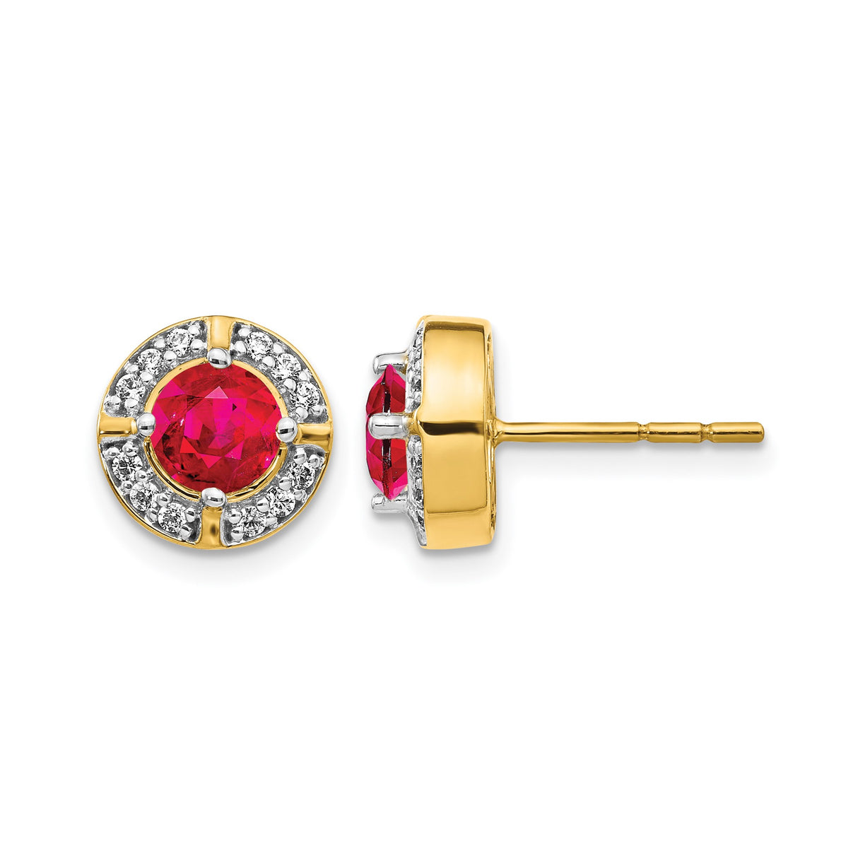14k Yellow Gold Stud Earrings with Ruby Center and Diamond Halo for Women