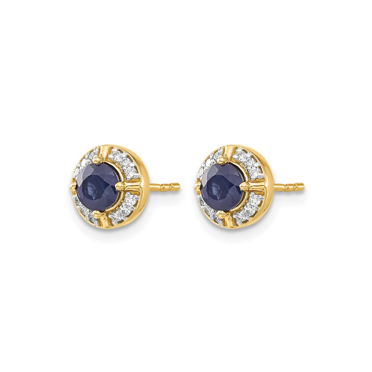 14k Yellow Gold Stud Earrings with Blue Sapphires and Diamond Halo