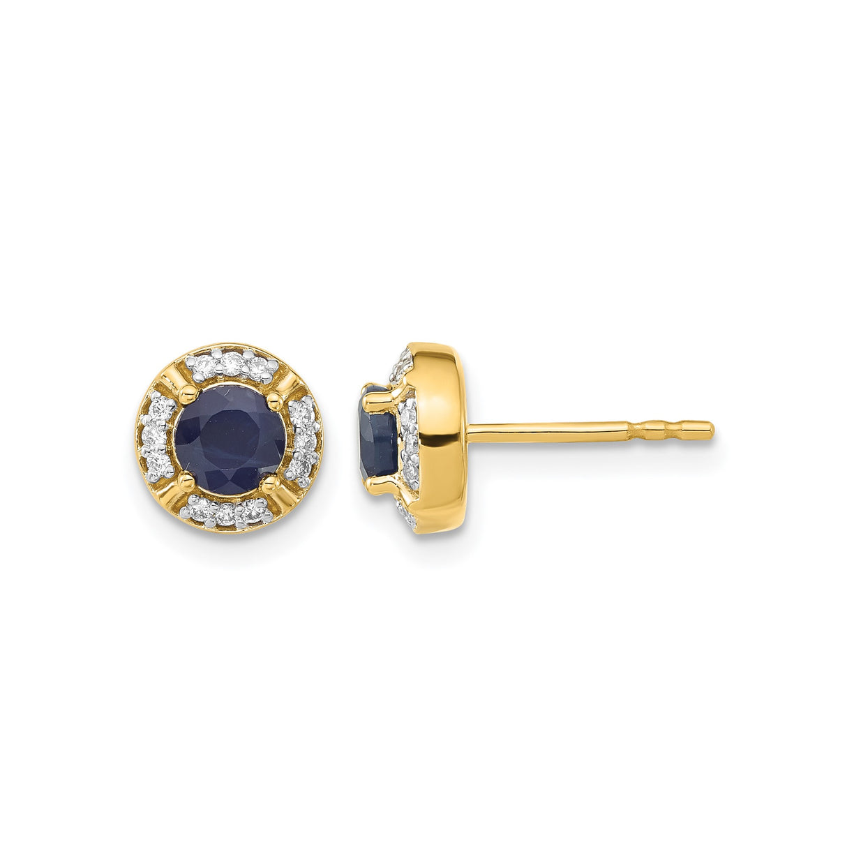 14k Yellow Gold Stud Earrings with Blue Sapphires and Diamond Halo
