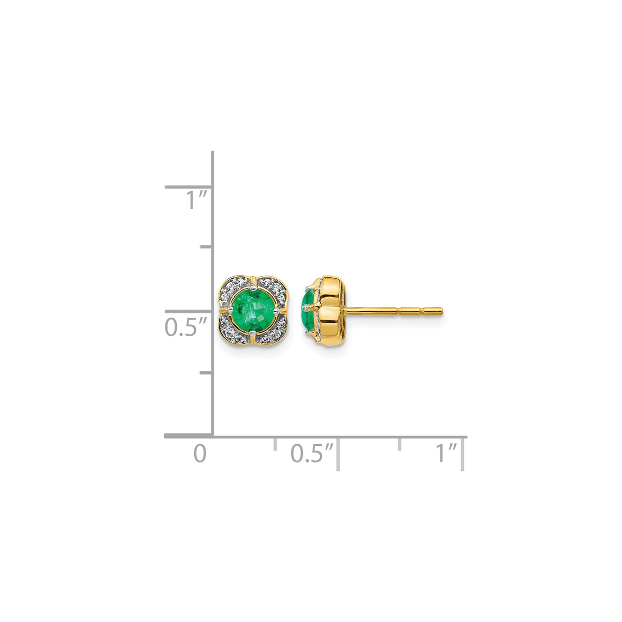 14k Yellow Gold Emerald Stud Earrings with Diamond Halo in Floral Design